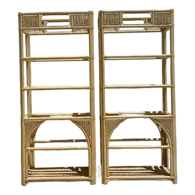 Vintage Coastal Woven Rattan Etagere - A Pair For Sale