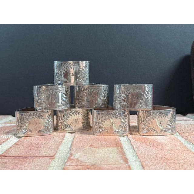 Victorian Antique Victorian Era Silver Plate Engraved Napkin Rings With Original Box For Sale - Image 3 of 10