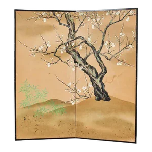 Japanese Showa Two Panel Screen Blossoming Prunus Tree