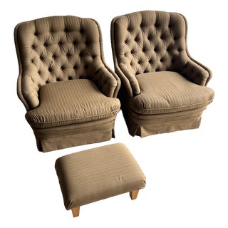 Tufted Lounge Chairs with Ottoman, 1970s, Set of 3 For Sale