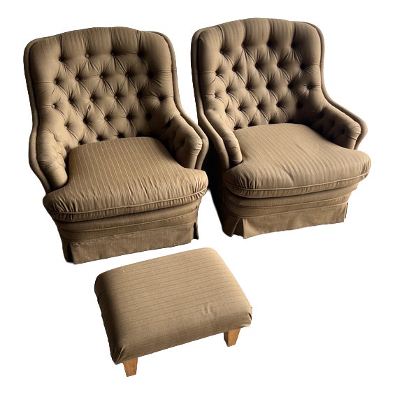 Tufted Lounge Chairs with Ottoman, 1970s, Set of 3 For Sale