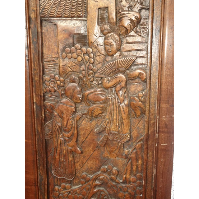 Vintage Oriental Asian Brown Hand Carved Wood Four Panel Screen ~ Room Divider For Sale - Image 15 of 17