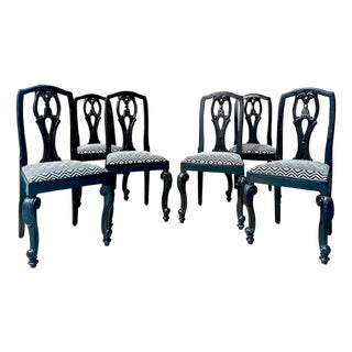 English Chippendale / Baroque Black Lacquered Upholstered Chairs, 19th Century, Set of 6 For Sale