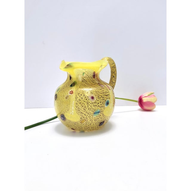 Postmodern Vintage Yellow Opaline Handblown Glass Jug with Murrines and Silver Flakes, 1980s For Sale - Image 3 of 11