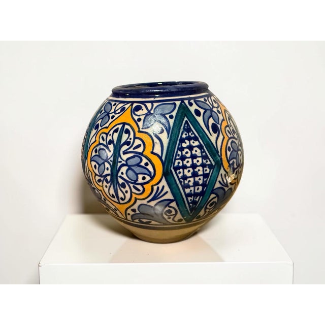 Vintage Signed Safi Moroccan Pottery Vase With Geometric Floral Design For Sale - Image 4 of 7