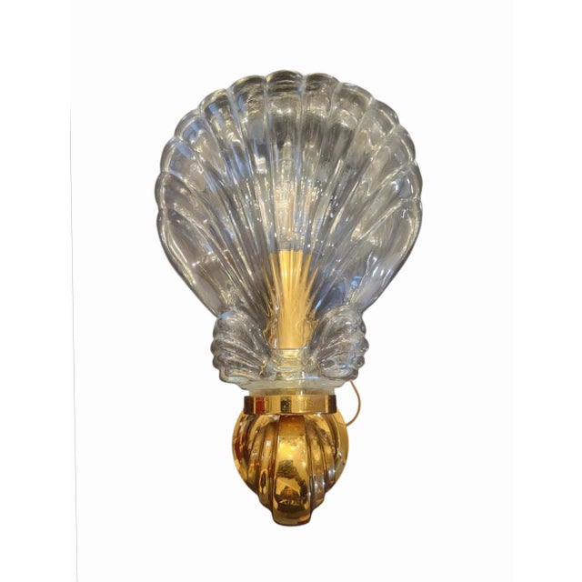 Dorothy Draper Vintage Large 3 Dimensional Glass Coastal Clam Shell Form Brass Single Light Wall Sconce Wall Lamp- A Pair For Sale - Image 4 of 10