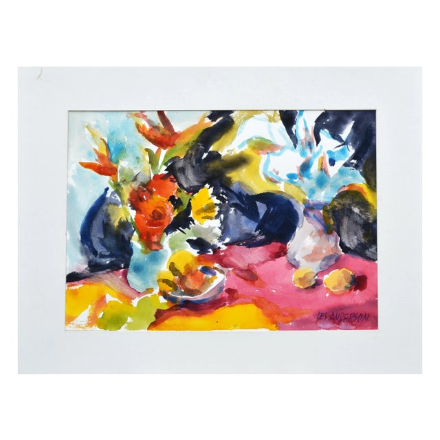 Vintage Floral Still Life with Red Table Watercolor Painting by Les Anderson For Sale - Image 4 of 4