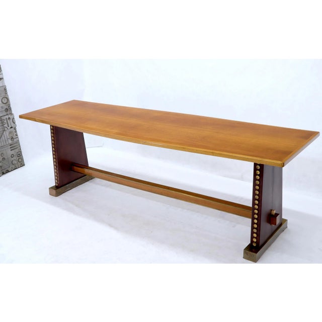 Metal Narrow Long Boat Shape Walnut Dining Harvest Table Studs Leather Brass Decorated For Sale - Image 7 of 12