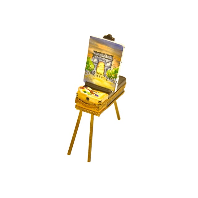 Vintage Limoges of France accent trinket box designed as a street painter's colorful mobile easel with Arc de Triomphe...