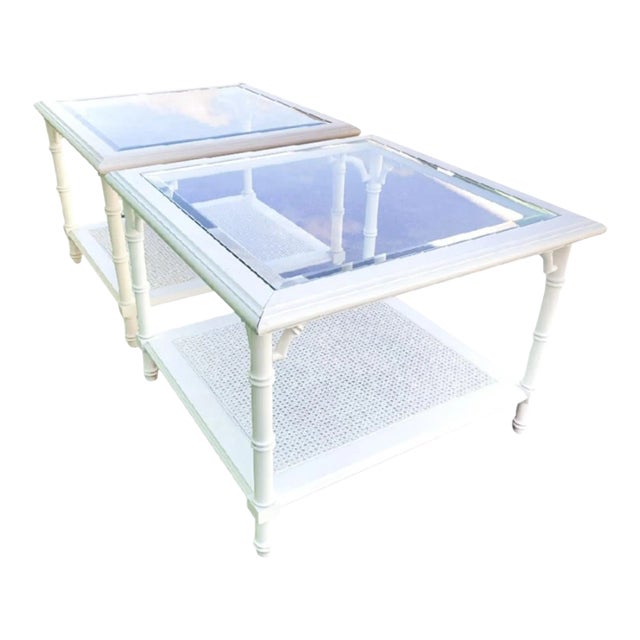 Vintage Faux Bamboo Regency Oversized White Glass Top Cane Bottom Shelf Square Side Coffee Tables- a Pair For Sale