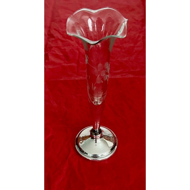 Art Deco Etched Glass Etched Flowers Bud Vase Sterling Silver Base 7” H For Sale - Image 3 of 12