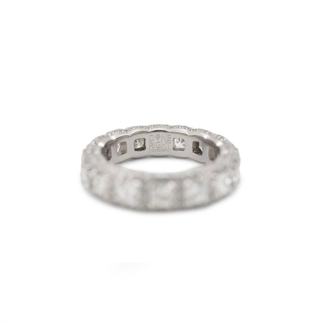 Metal Platinum 5.34ct Diamond Cushion Cut Round Pave Halo Diamond Eternity Band Ring, Size 7.5 For Sale - Image 7 of 8