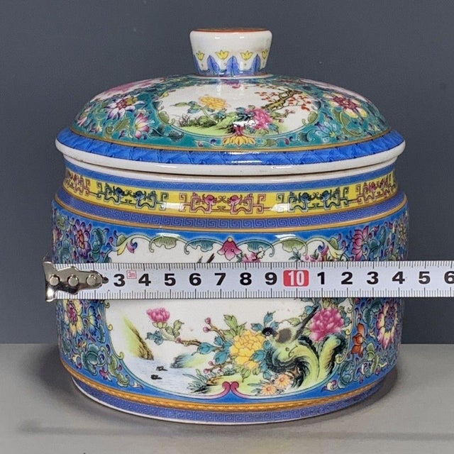 Blue Chinese Blue Ground Famille Rose Porcelain Covered Jar With Bird & Floral Motif For Sale - Image 8 of 9