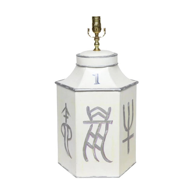 Late 20th Century Pair of Hand-Painted Hexagonal Tin Tea Canister Table Lamps With Silver Calligraphic Designs (1-2) For Sale In New York - Image 6 of 8
