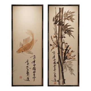 Mid-Century Chinese Faux Bamboo Framed Art Panels - Pair - Hand-Painted Koi & Bamboo Chinoiserie Watercolor Panels For Sale