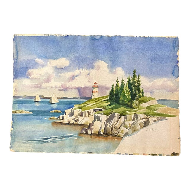 1970’s Original Lighthouse/Sailing/Seascape Watercolor Painting Signed For Sale