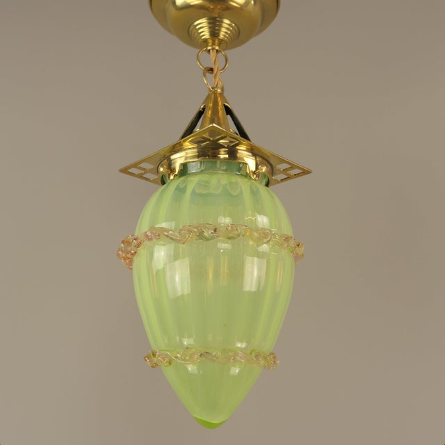 Art Nouveau Viennese Pendant Lamp with Uranium Vaseline Glass Shade, Austria, 1920s For Sale - Image 3 of 9
