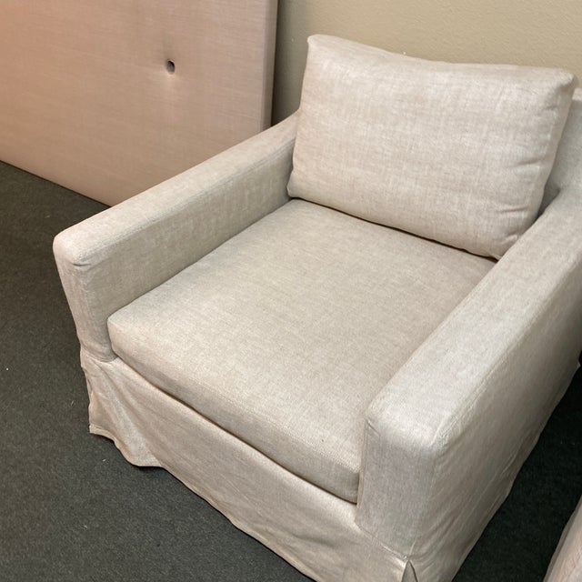 Restoration Hardware Belgian Track Arm Swivel Arm Chairs With Linen