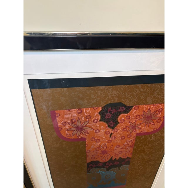 Contemporary Vintage Signed Limited Edition Floral Gold & Pink Kimono Lithograph Art For Sale - Image 3 of 12
