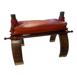 Vintage Camel Stool With Burnt Orange Cushion For Sale
