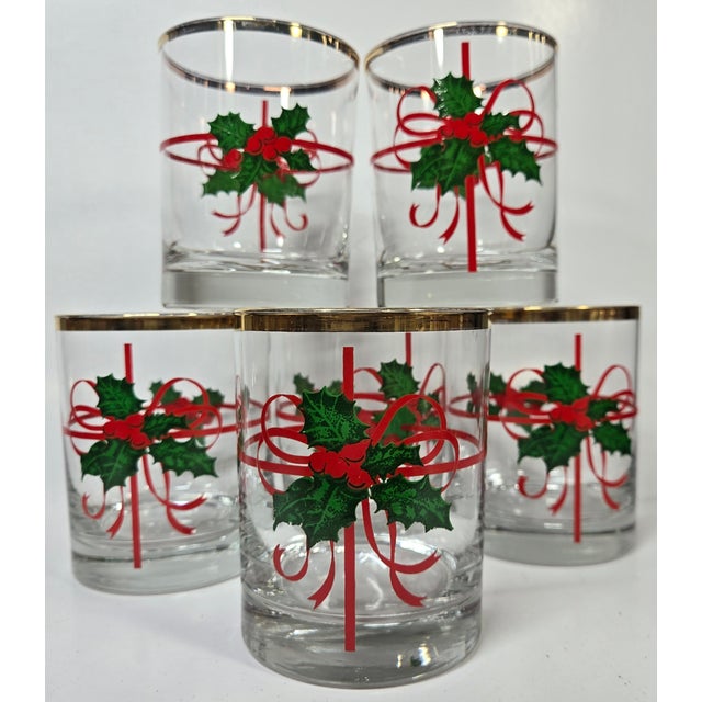 Red Mid 20th Century Holly and Ribbons Double Old Fashioned Glasses- Set of Six For Sale - Image 8 of 17