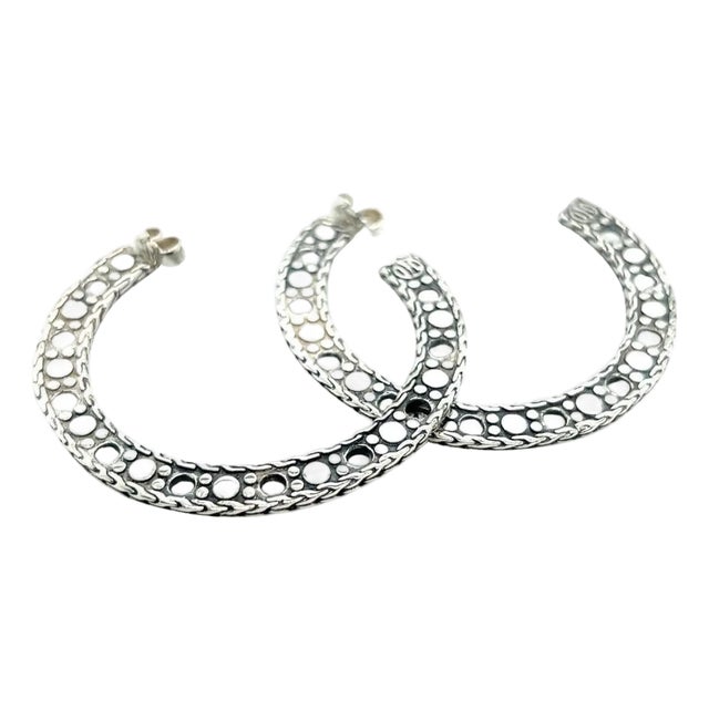 1990s Pair of John Hardy Estate Dot Flat Hoop Earrings 1.95" Sterling Silver For Sale
