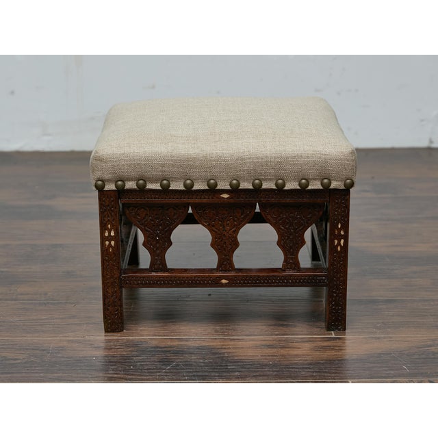 Antique Moroccan Hand-Carved Stool with Custom Linen Upholstery, Circa 1900 For Sale - Image 9 of 12