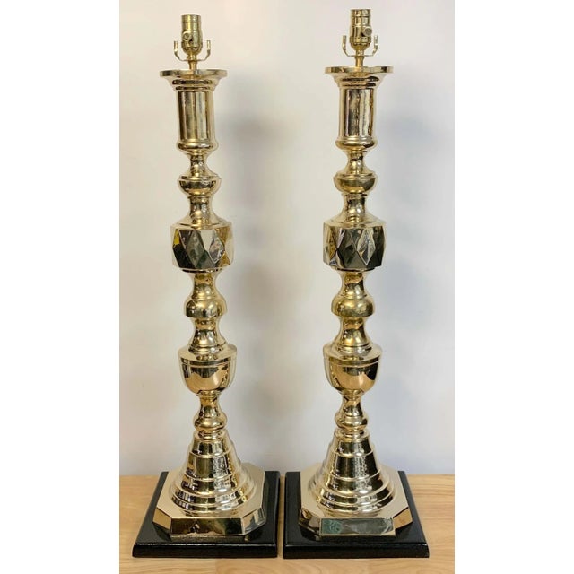 Mid 20th Century Mid 20th Century Monumental 'Ace of Diamonds' Brass Candlestick Lamps - a Pair For Sale - Image 5 of 10