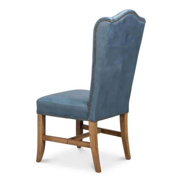 Blue Leather Wingback Dining Chairs, High Back, Sets of 2 For Sale - Image 4 of 11