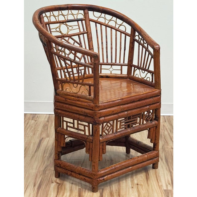 Vintage Chinoiserie Brighton Pavilion Style Rattan Horseshoe Chair For Sale - Image 4 of 11