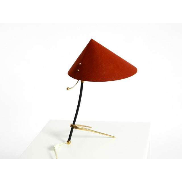 1950s Large Mid-Century Modern Tripod Brass Table Lamp with Fabric Shade from Kalmar, 1950s For Sale - Image 5 of 18