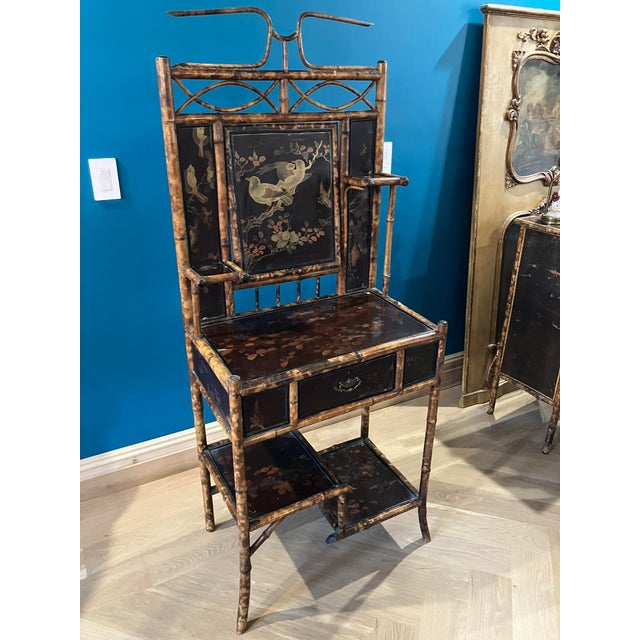 1920s Victorian Tortoiseshell Bamboo & Japanned Lacquer Bonheur Du Jour Writing Desk For Sale - Image 13 of 16