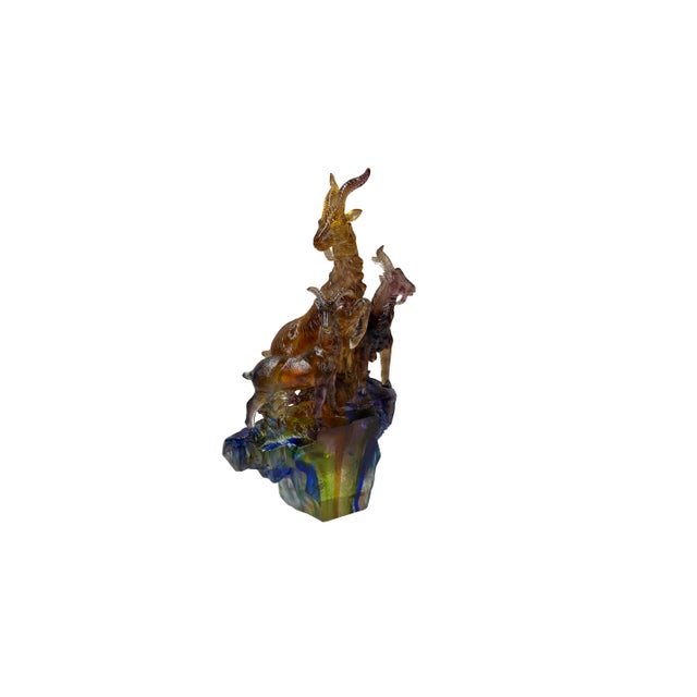 1990s Golden Orange 3 Rams Crystal Glass Fengshui Display Art Figure For Sale - Image 5 of 12