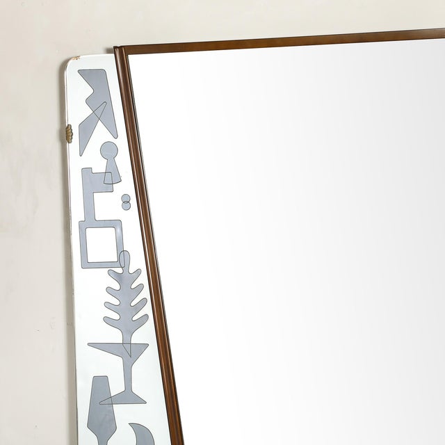 Mid-Century Reversed Etched & Smoked Wall Mirror With Sculptural Walnut Lining For Sale In New York - Image 6 of 12