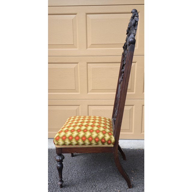 Wood Pair of High Back 49" Side Chairs in Black Walnut Heavily Carved Black Forest Rococo Renaissance Revival For Sale - Image 7 of 17