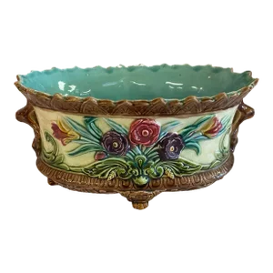 Late 19th Century Victorian French Majolica Footed Floral Jardiniere