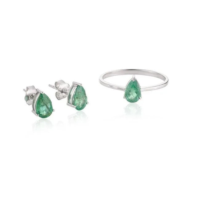 18k Gold Emerald Gemstone Vintate Jewelry Set- Solitaire Ring & Earrings For Sale - Image 11 of 17