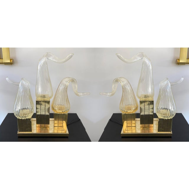 Contemporary Brass Murano Glass Flame Lamps, Italy - a Pair For Sale - Image 13 of 13