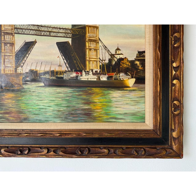Brown 1970's Vintage London Tower Bridge Oil on Canvas Painting, Signed For Sale - Image 8 of 12