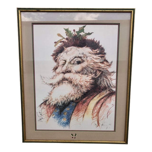 Vintage 1991 "Saint Nicholas" Ramon Santiago Hand Signed Framed Christmas Art Print For Sale