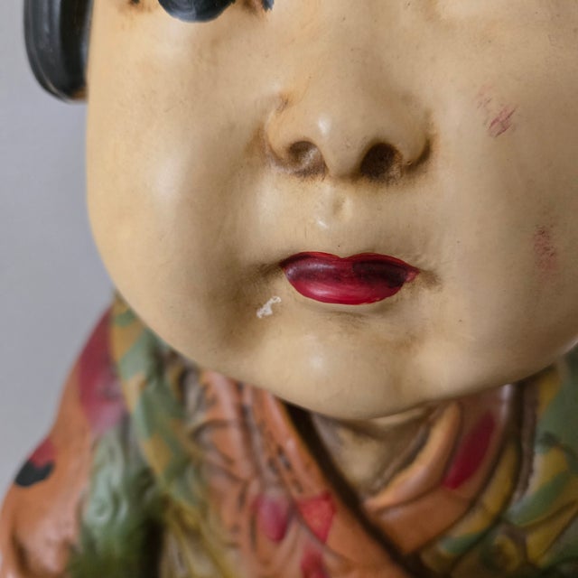 Ceramic Vintage Chalkware Asian Sitting Child Chubby Cheeks Kimono Designer Repros La Signed For Sale - Image 7 of 13