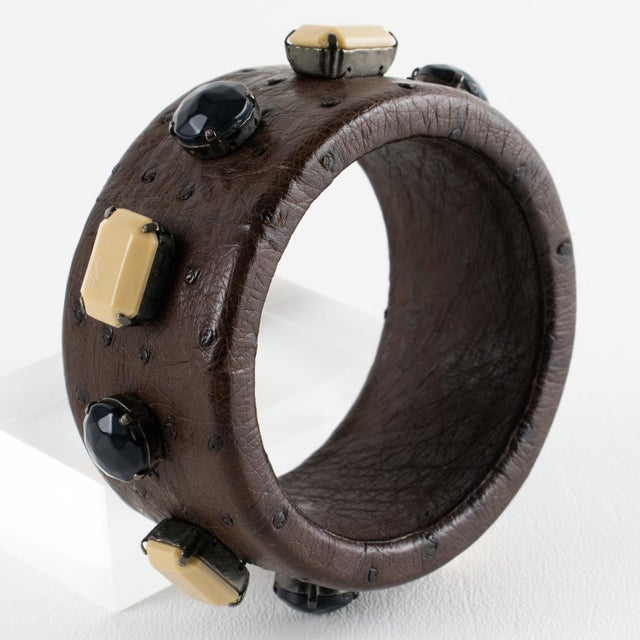 Prada Prada Cocoa Brown Ostrich Leather Jeweled Bangle Bracelet For Sale - Image 4 of 8