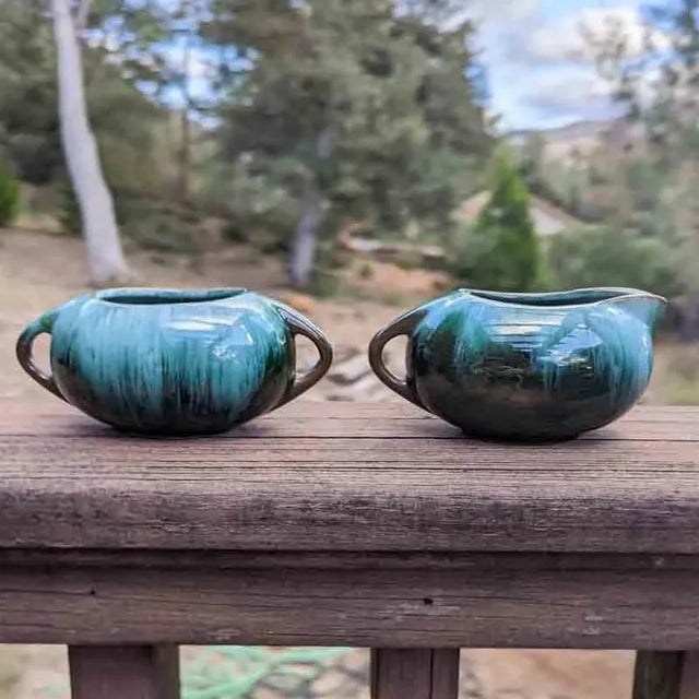 Blue Mountain Pottery Cream and Open Sugar Drip Glaze Redware Mid Century The profile of these two pieces is...