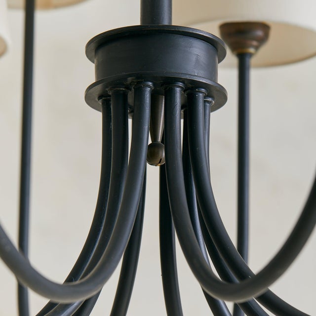 Mid 20th Century Vintage French Black Iron 10-Arm Chandelier with Shades For Sale - Image 5 of 7