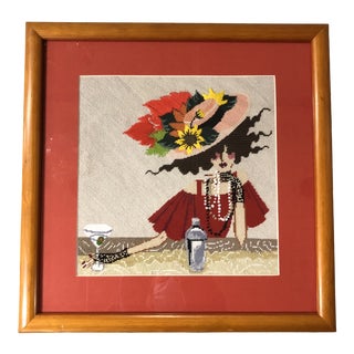 1960s Mid Century Modern Woman With Martini Glass Needlepoint Picture For Sale