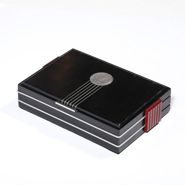 Art Deco Machine Age Aluminum Silvered Crest Lacquered Box W/ Bakelite Handles For Sale - Image 12 of 12