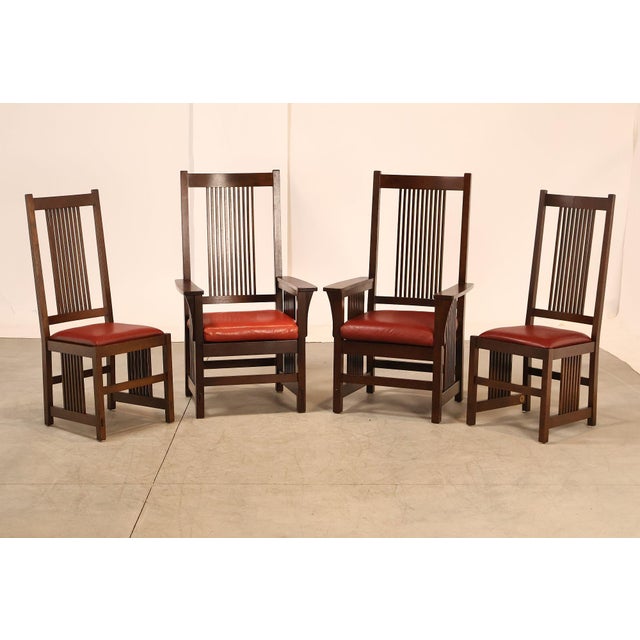 High Quality American Made Stickley Mission Collection Dining Chairs Constructed In Solid Oak. Set Includes Two Arm Chairs...