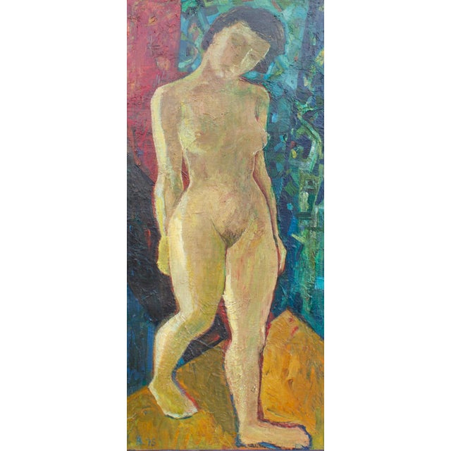 A 1975 oil on canvas painting. This abstract work depicts a nude female figure stepping forward one a yellow floor. A red...