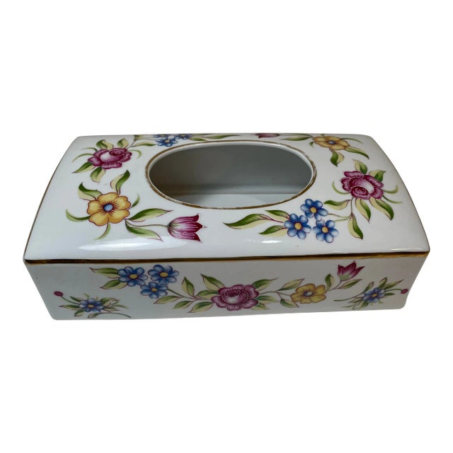 Vintage German Hand-Painted Porcelain Tissue Box Cover With Floral Decoration & Gold Trim For Sale