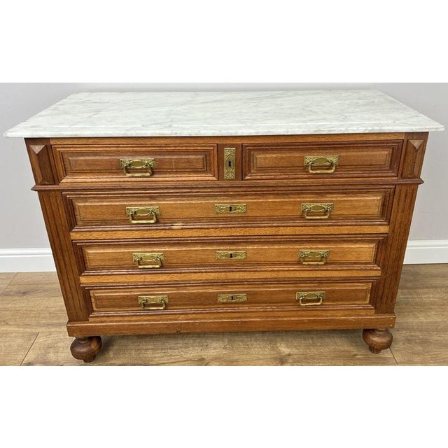Antique French Oak Marble Top Carved Chest of Drawers For Sale - Image 15 of 15